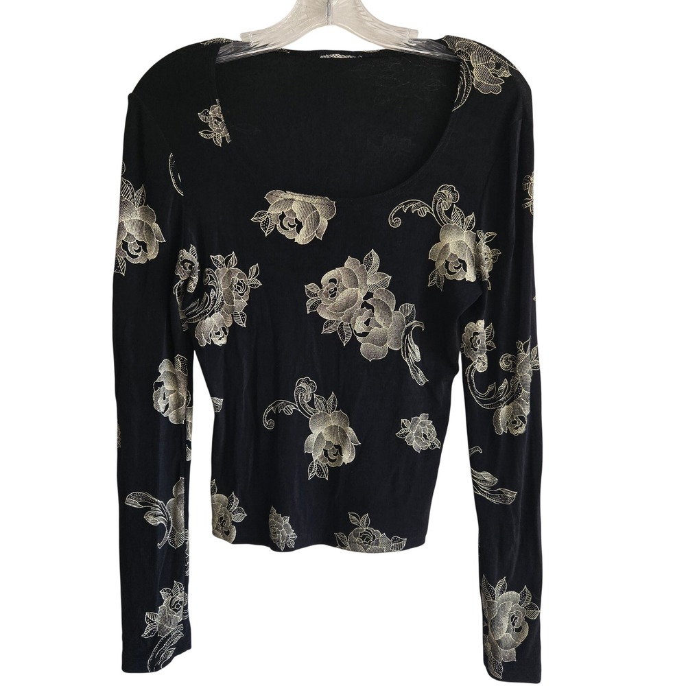 Vtg 90s Sz M Slinky Floral Rose Top Women Black Gold Excellent Long Sleeve